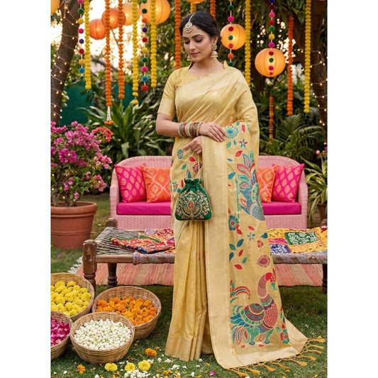 Women's Linen Cotton Floral Embroidered Saree With Unstitched Blouse 5.5Mtr (Yellow)