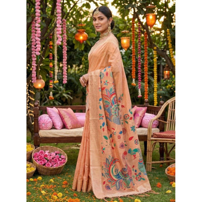 Women's Linen Cotton Floral Embroidered Saree With Unstitched Blouse 5.5Mtr (Peach)