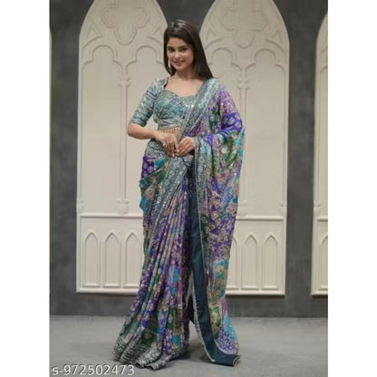 Women's Chiffon Embellished Saree With Unstitched Blouse 5.5Mtr (Multicolor)