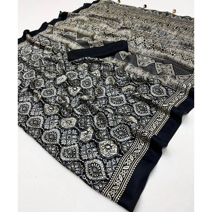 Women's Crepe Printed Saree With Unstitched Blouse 5.5Mtr (Black)