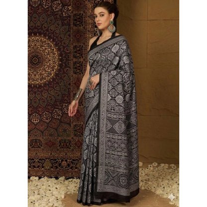 Women's Crepe Printed Saree With Unstitched Blouse 5.5Mtr (Black)