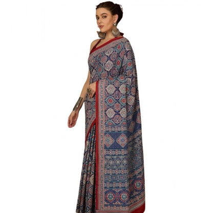 Women's Crepe Printed Saree With Unstitched Blouse 5.5Mtr (Navy Blue)