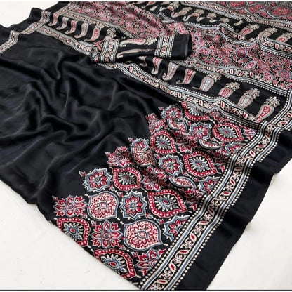 Women's Crepe Printed Saree With Unstitched Blouse 5.5Mtr (Black)