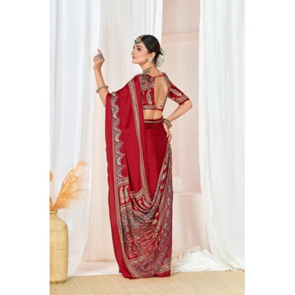 Women's Crepe Printed Saree With Unstitched Blouse 5.5Mtr (Maroon)
