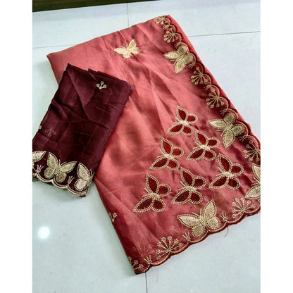 Women's Star Georgette Embellished Saree With Unstitched Blouse 5.5Mtr (Dusty Coral-Maroon)