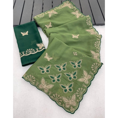 Women's Star Georgette Embellished Saree With Unstitched Blouse 5.5Mtr (Green)
