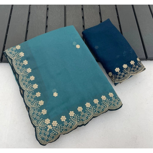 Women's Star Georgette Embroidered Saree With Unstitched Blouse 5.5Mtr (Blue)