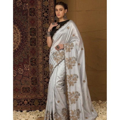Women's Viscose Silk Embroidered Saree With Unstitched Blouse 5.5Mtr (Grey)