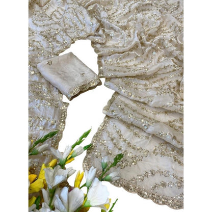Women's Satin Embellished Saree With Unstitched Blouse 5.5Mtr (Cream)