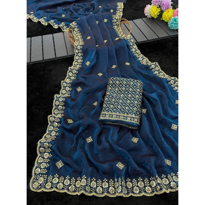 Women's Satin Embellished Saree With Unstitched Blouse 5.5Mtr (Teal)
