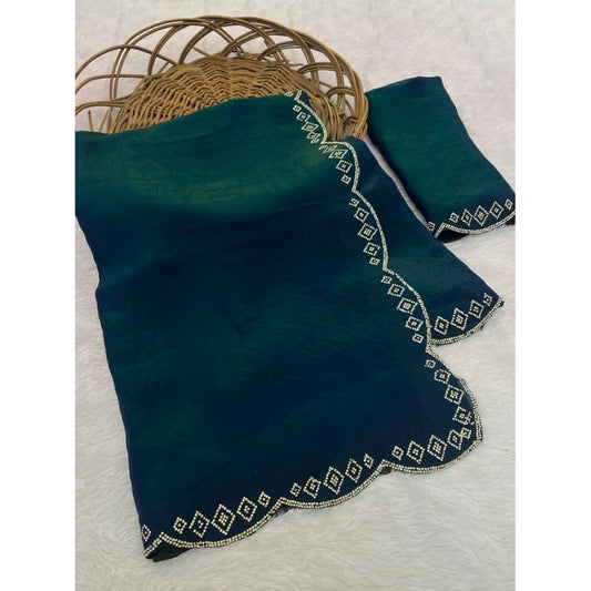 Women's Satin Embellished Saree With Unstitched Blouse 5.5Mtr (Bottle Green)