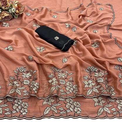 Women's Viscose Silk Embroidered Saree With Unstitched Blouse 5.5Mtr (Peach)