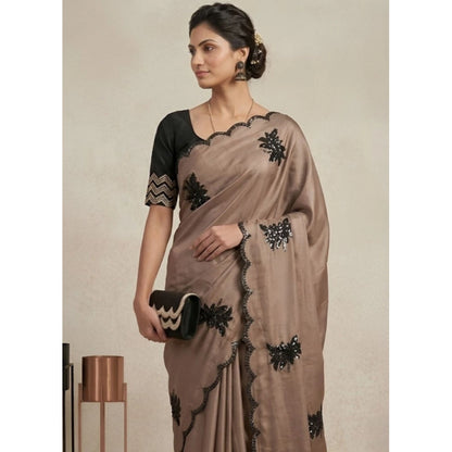 Women's Viscose Silk Embroidered Saree With Unstitched Blouse 5.5Mtr (Beige)