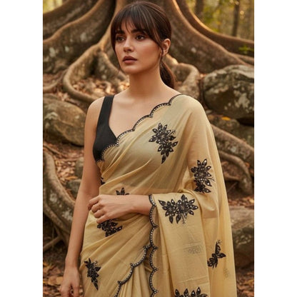 Women's Viscose Silk Embroidered Saree With Unstitched Blouse 5.5Mtr (Beige)