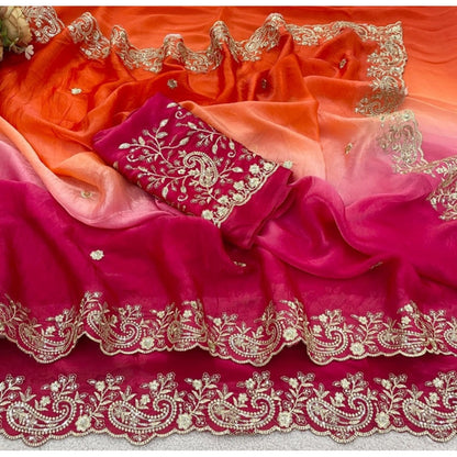 Women's Satin Embellished Saree With Unstitched Blouse 5.5Mtr (Multicolor)