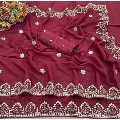 Women's Georgette Embellished Saree With Unstitched Blouse 5.5Mtr (Maroon)