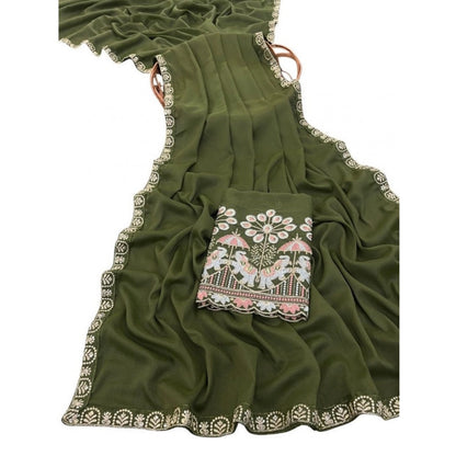 Women's Art Silk Embroidered Saree With Unstitched Blouse 5.5Mtr (Green)