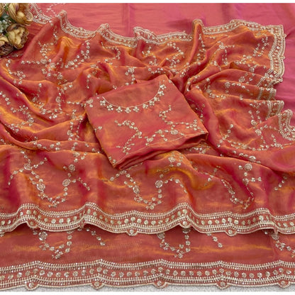 Women's Silk Embellished Saree With Unstitched Blouse 5.5Mtr (Orange)