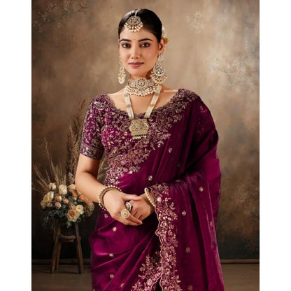 Women's Silk Embroidered Saree With Unstitched Blouse 5.5Mtr (Wine)