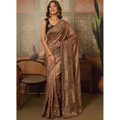 Women's Viscose Silk Embroidered Saree With Unstitched Blouse 5.5Mtr (Brown)