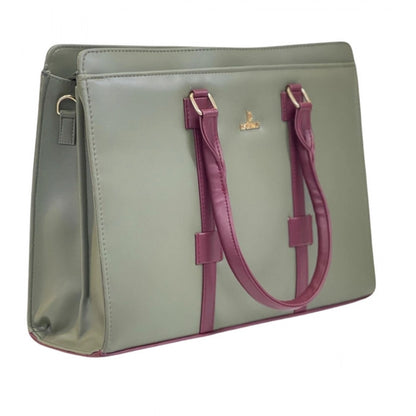 Women's Polyurethane Solid Structured Shoulder Tote Handbag (Sage Green-Burgundy)