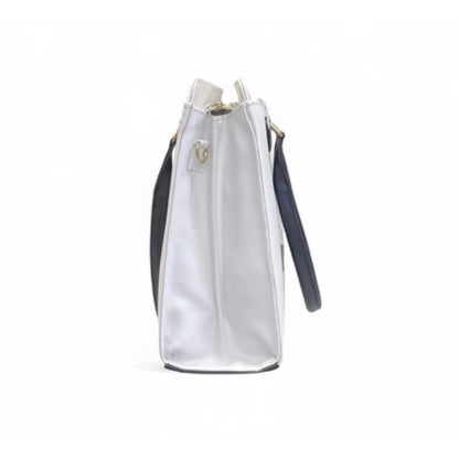 Women's Polyurethane Solid Structured Shoulder Tote Handbag (Cream-Navy Blue)