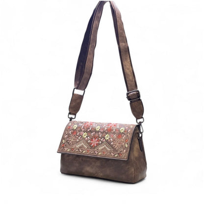 Women's Polyurethane Floral Embroidered Crossbody Sling Bag with Adjustable &amp; Removable Strap (Brown)