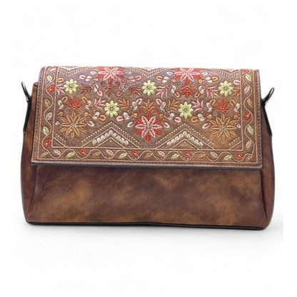 Women's Polyurethane Floral Embroidered Crossbody Sling Bag with Adjustable &amp; Removable Strap (Dark Brown)