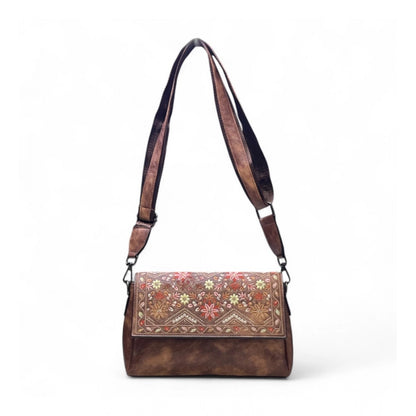 Women's Polyurethane Floral Embroidered Crossbody Sling Bag with Adjustable &amp; Removable Strap (Dark Brown)