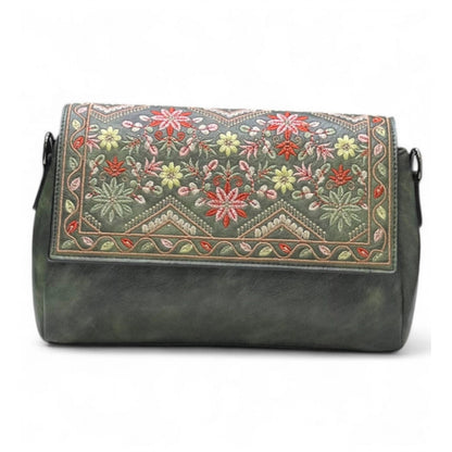 Women's Polyurethane Floral Embroidered Crossbody Sling Bag with Adjustable &amp; Removable Strap (Green)