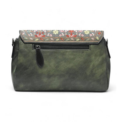 Women's Polyurethane Floral Embroidered Crossbody Sling Bag with Adjustable &amp; Removable Strap (Green)