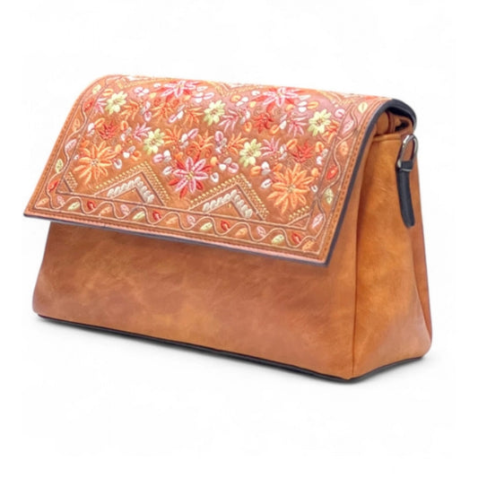 Women's Polyurethane Floral Embroidered Crossbody Sling Bag with Adjustable &amp; Removable Strap (Tan)
