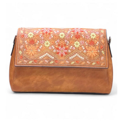 Women's Polyurethane Floral Embroidered Crossbody Sling Bag with Adjustable &amp; Removable Strap (Tan)