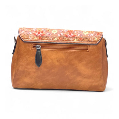 Women's Polyurethane Floral Embroidered Crossbody Sling Bag with Adjustable &amp; Removable Strap (Tan)