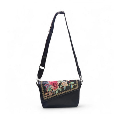 Women's Polyurethane Floral Embroidered Crossbody Sling Bag with Adjustable &amp; Removable Strap (Black)