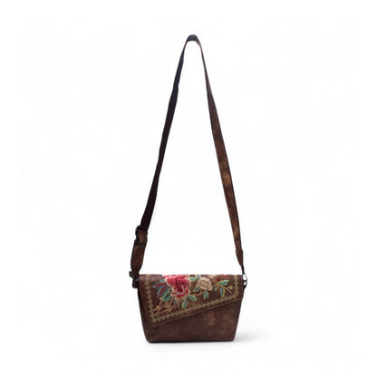 Women's Polyurethane Floral Embroidered Crossbody Sling Bag with Adjustable &amp; Removable Strap (Brown)