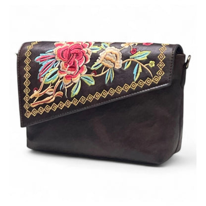 Women's Polyurethane Floral Embroidered Crossbody Sling Bag with Adjustable &amp; Removable Strap (Coffee)
