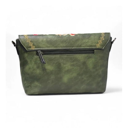 Women's Polyurethane Floral Embroidered Crossbody Sling Bag with Adjustable &amp; Removable Strap (Green)