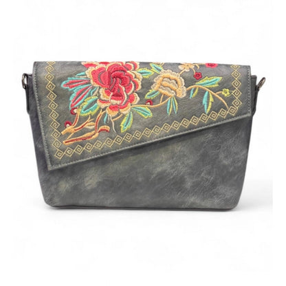 Women's Polyurethane Floral Embroidered Crossbody Sling Bag with Adjustable &amp; Removable Strap (Grey)