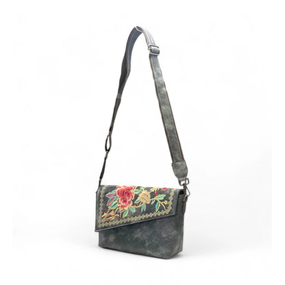 Women's Polyurethane Floral Embroidered Crossbody Sling Bag with Adjustable &amp; Removable Strap (Grey)