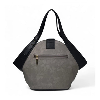 Women's Polyurethane Floral Printed Hexagonal Satchel Handbag with Adjustable Strap (Grey)