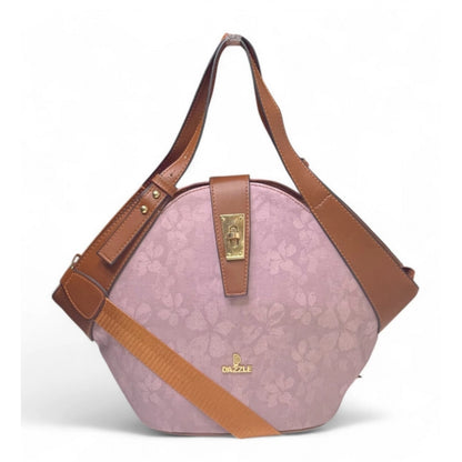 Women's Polyurethane Floral Printed Hexagonal Satchel Handbag with Adjustable Strap (Pink)
