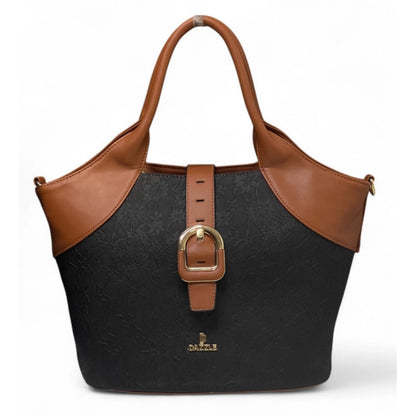 Women's Polyurethane Textured Two-Tone Tote Handbag with Adjustable &amp; Removable Strap (Black-Tan)