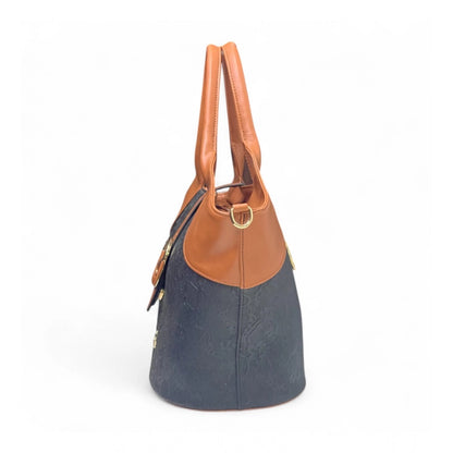 Women's Polyurethane Textured Two-Tone Tote Handbag with Adjustable &amp; Removable Strap (Black-Tan)