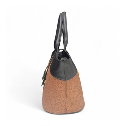 Women's Polyurethane Textured Two-Tone Tote Handbag with Adjustable &amp; Removable Strap (Brown)