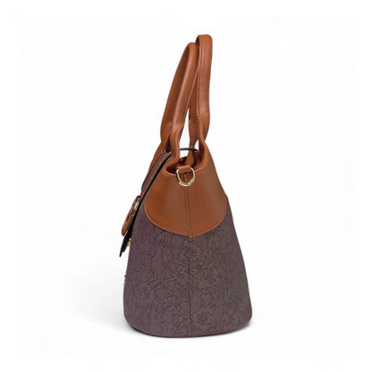 Women's Polyurethane Textured Two-Tone Tote Handbag with Adjustable &amp; Removable Strap (Dark Brown)