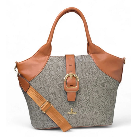 Women's Polyurethane Textured Two-Tone Tote Handbag with Adjustable &amp; Removable Strap (Grey)