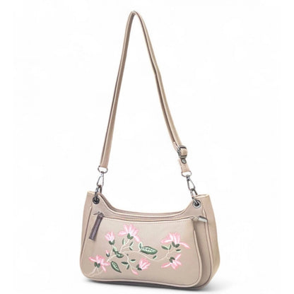 Women's Polyurethane Floral Embroidered Crossbody Sling Bag with Adjustable &amp; Removable Strap (Beige)