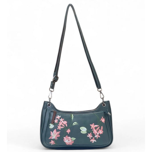 Women's Polyurethane Floral Embroidered Crossbody Sling Bag with Adjustable &amp; Removable Strap (Blue)