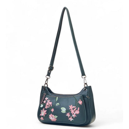 Women's Polyurethane Floral Embroidered Crossbody Sling Bag with Adjustable &amp; Removable Strap (Blue)